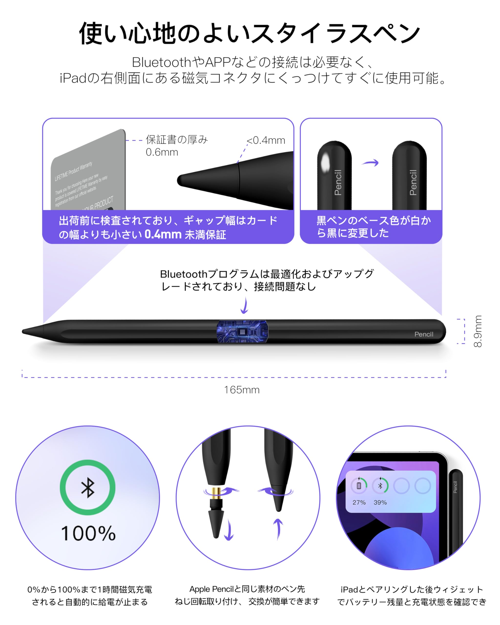Stouchi iPad スタイラスペン 磁気吸着充電式 12.9/11インチ対応